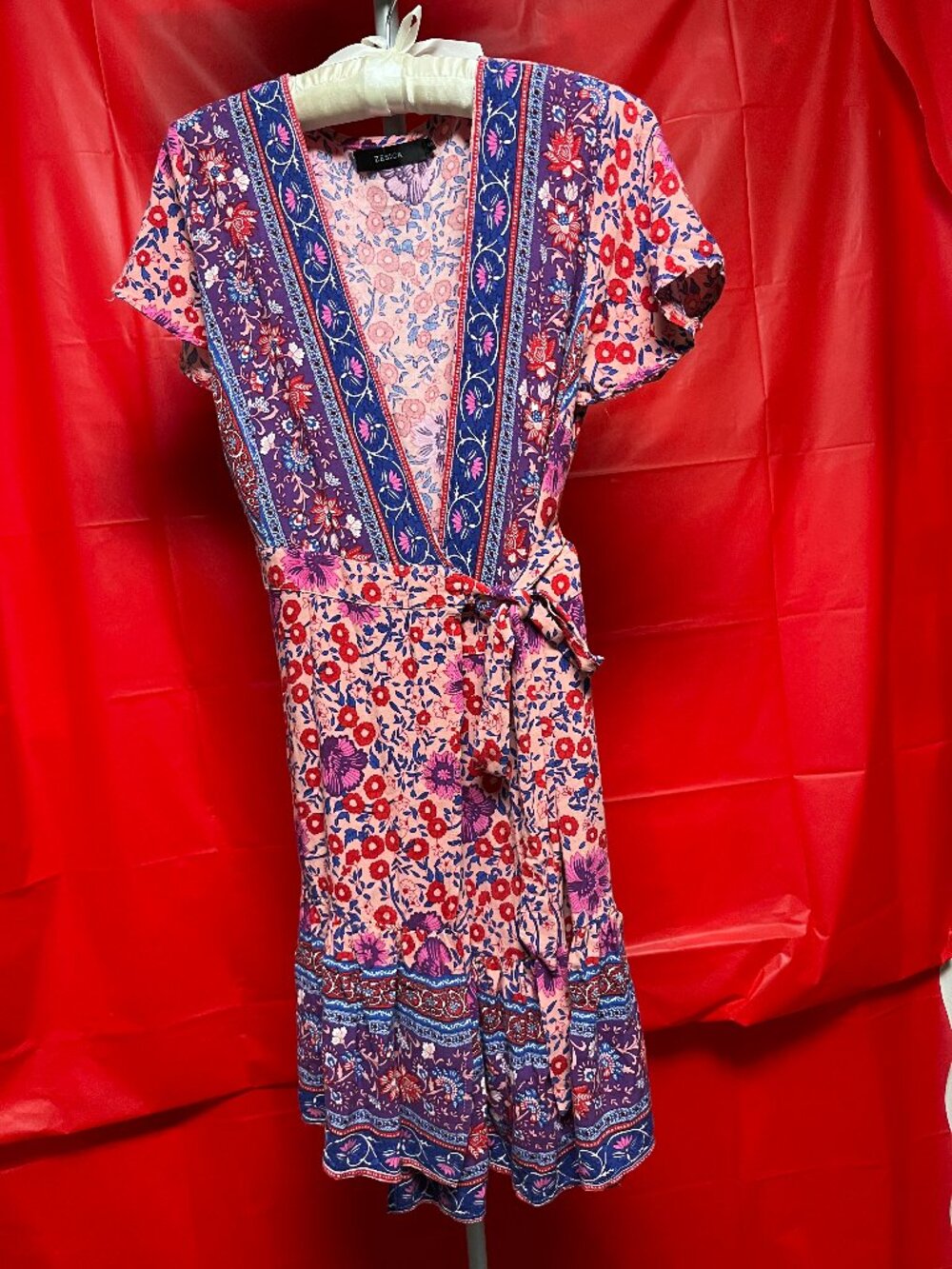 Zesica Bohemian pink and blue pattern wrap dress size S